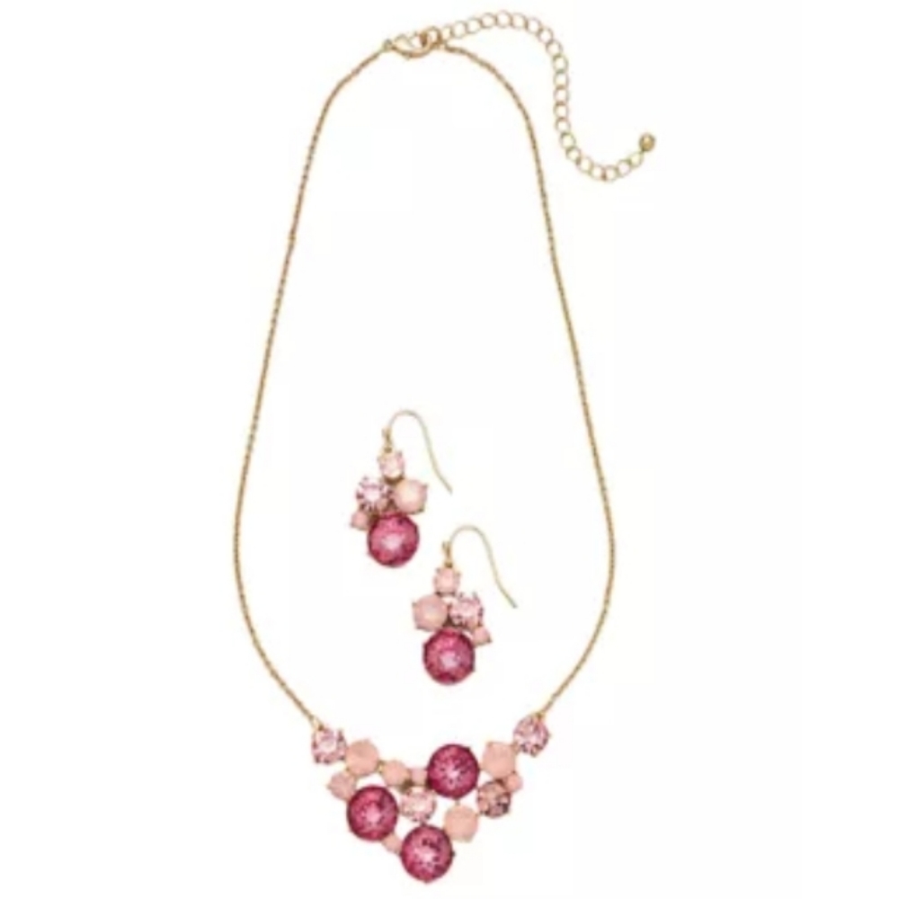 Belk pink and gold cluster necklace and earring set
